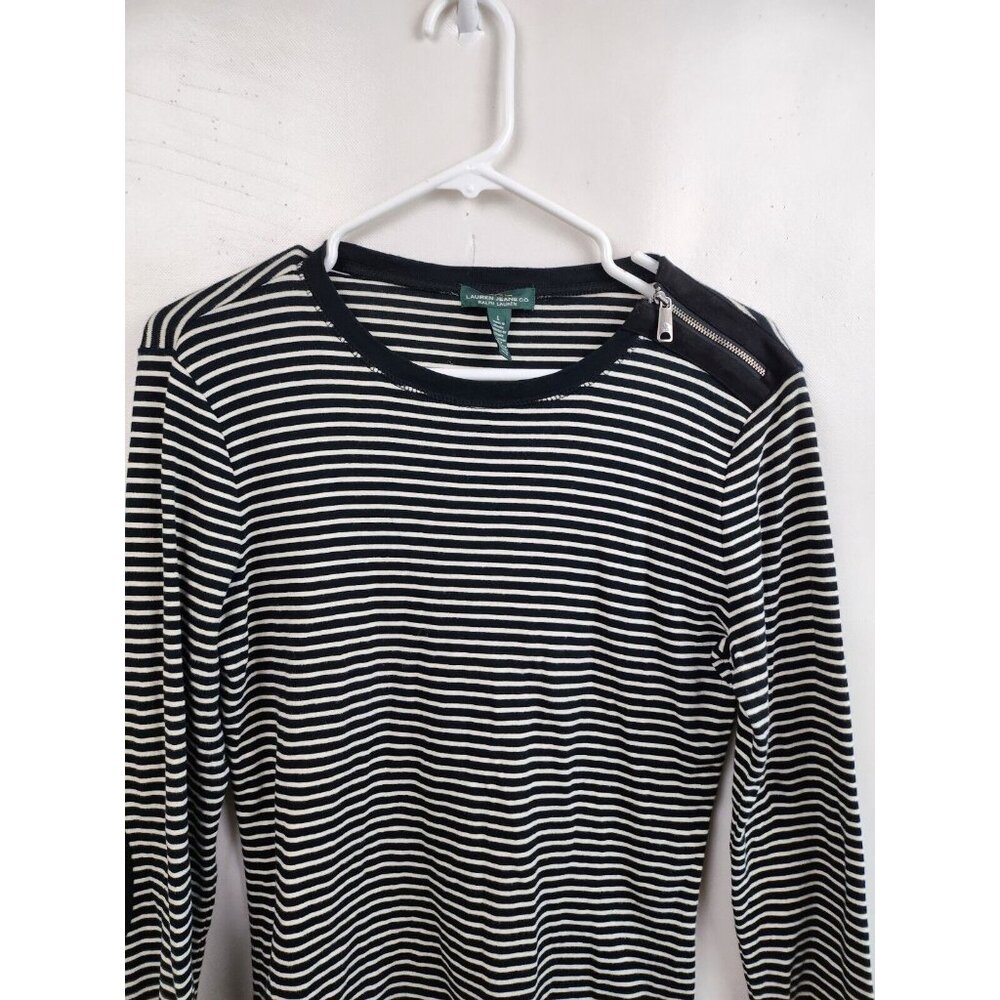 Lauren Ralph Lauren Womens Top Large Black White Striped Elbow Patch Long Sleeve - Picture 2 of 7